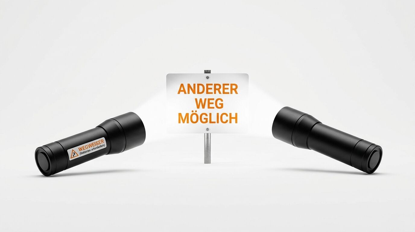 Zwei Taschenlampen beleuchten ein Schild mit dem Text „ANDERER WEG MÖGLICH“