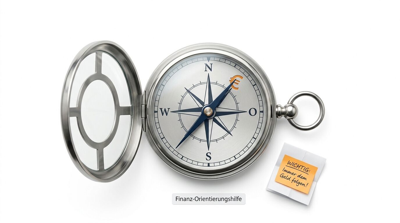 Ein Kompass mit Euro-Symbol, Notizzettel und Text „Finanz-Orientierungshilfe“ auf Weiß