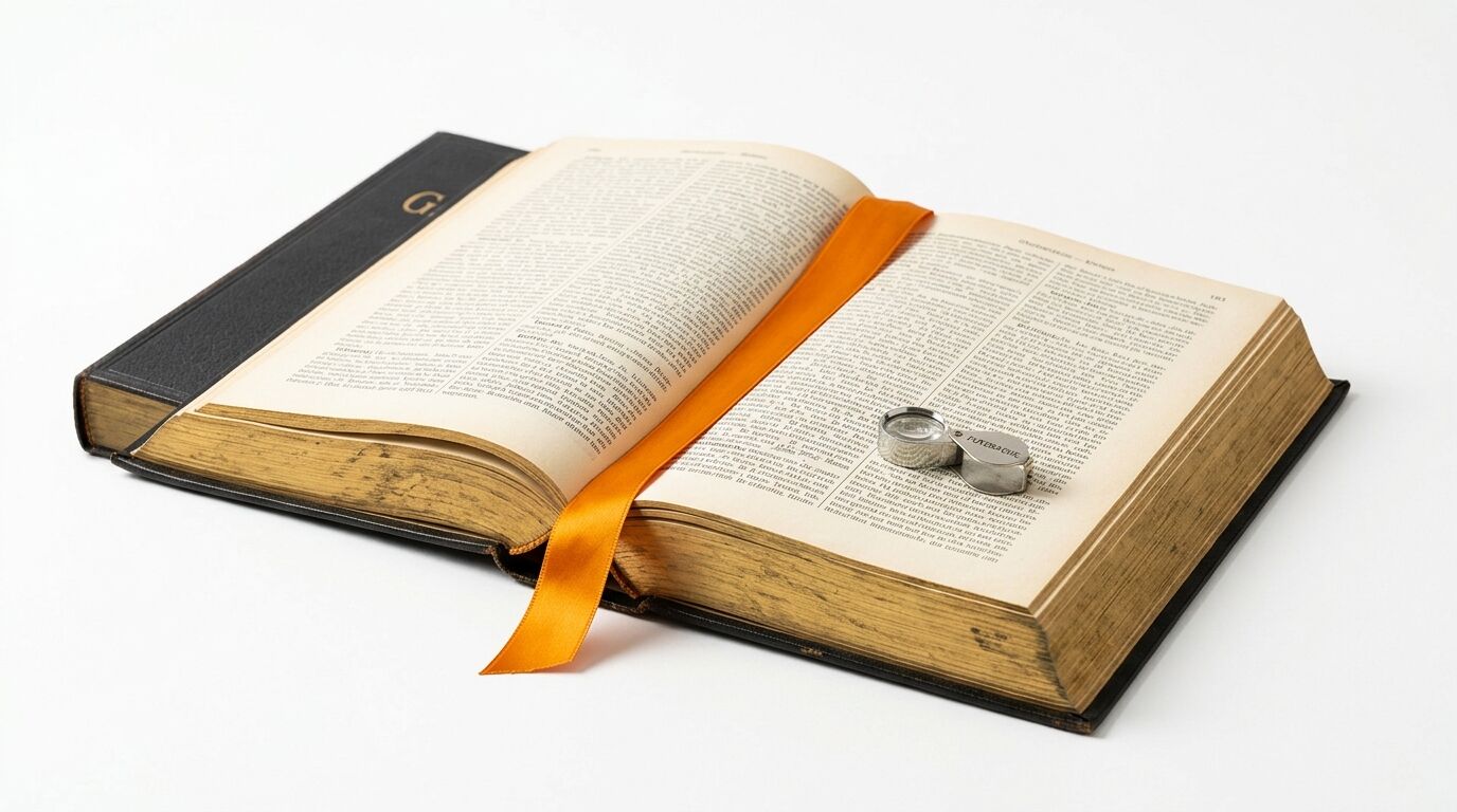 Ein offenes, altes Buch mit Goldschnitt, orangefarbenem Leseband und einer Lupe auf weißem Grund