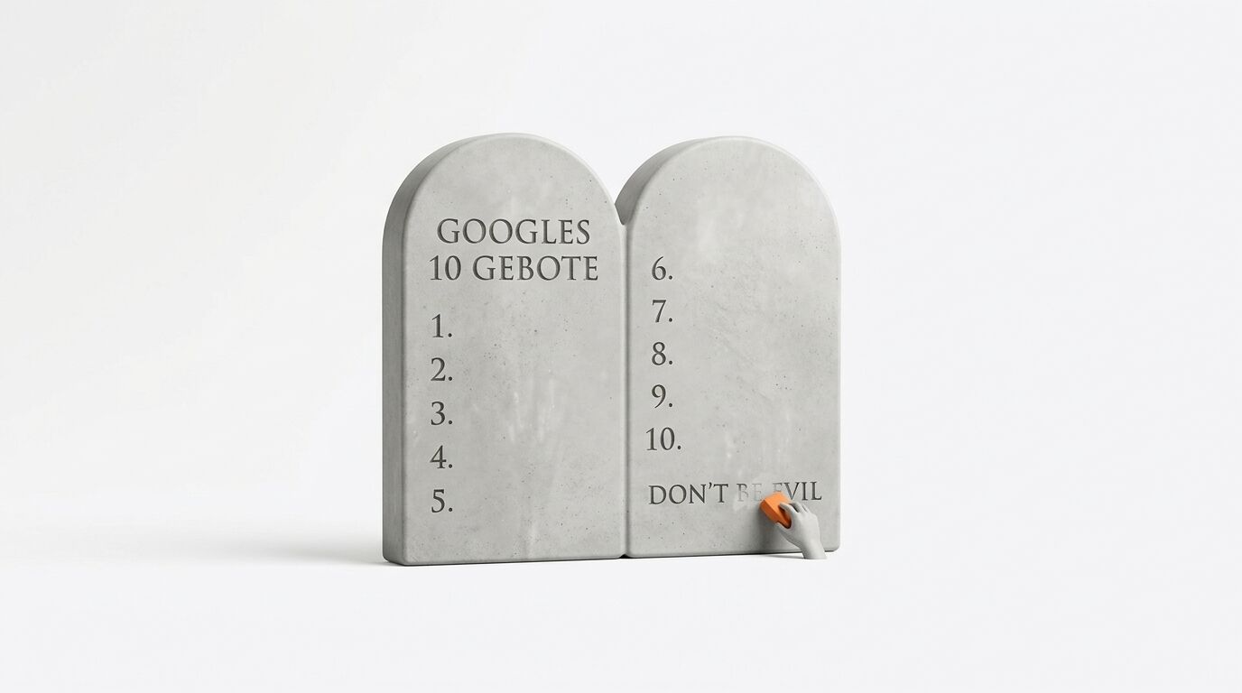 Eine Hand löscht den Schriftzug „DON’T BE EVIL“ von Steintafeln mit „GOOGLES 10 GEBOTE“