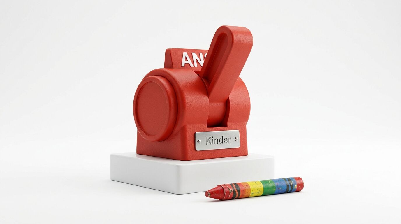 Roter Schalter auf weißem Sockel mit „AN“ und „Kinder“, davor ein Regenbogen-Wachsmalstift