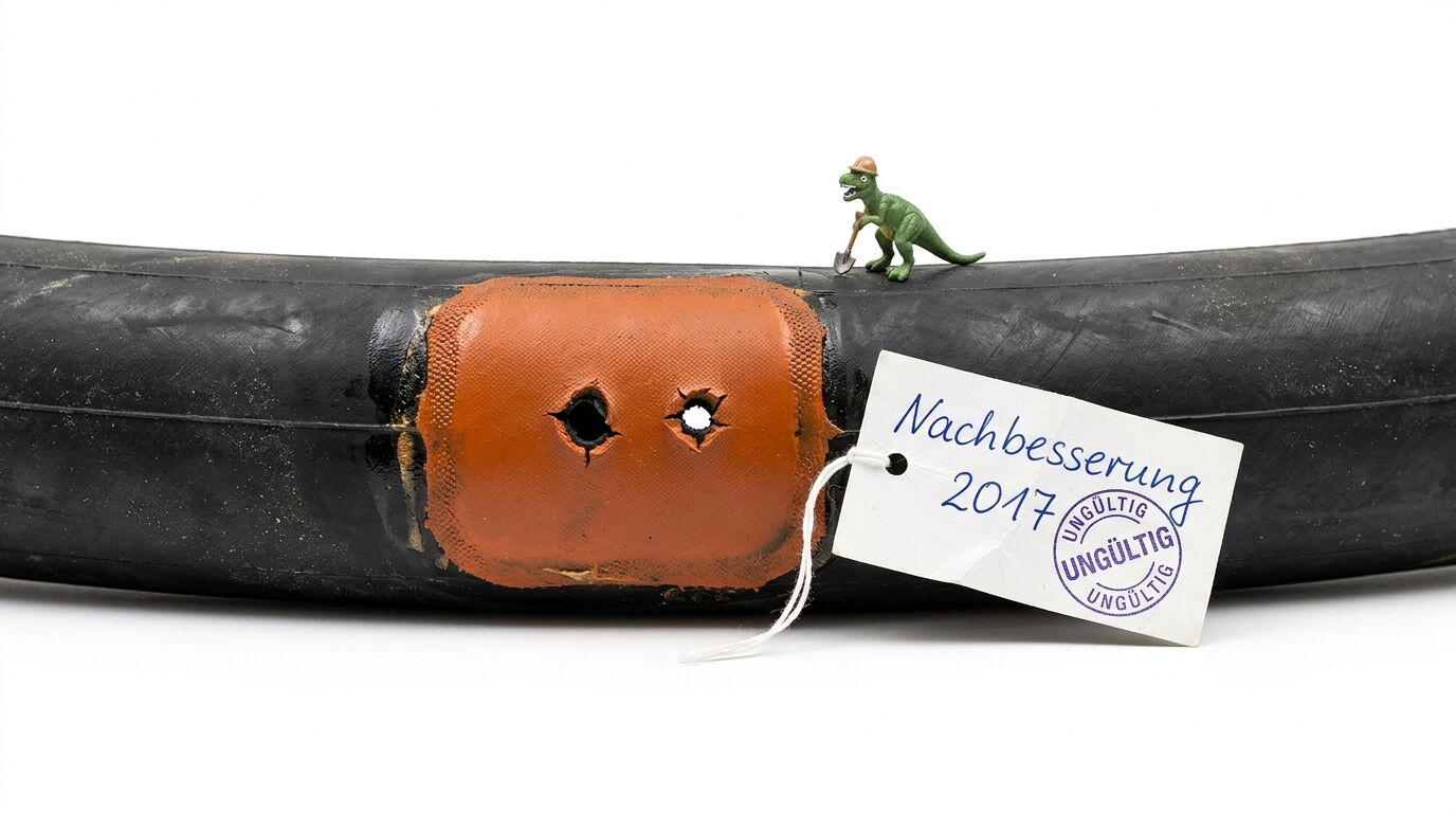 Kaputter Schlauchflicken, Spielzeugdino mit Helm, Schaufel und „Ungültig“-Zettel