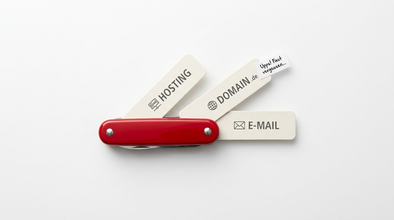 Schweizer Taschenmesser mit ausgeklappten Klingen für Hosting, Domain.de und E-Mail