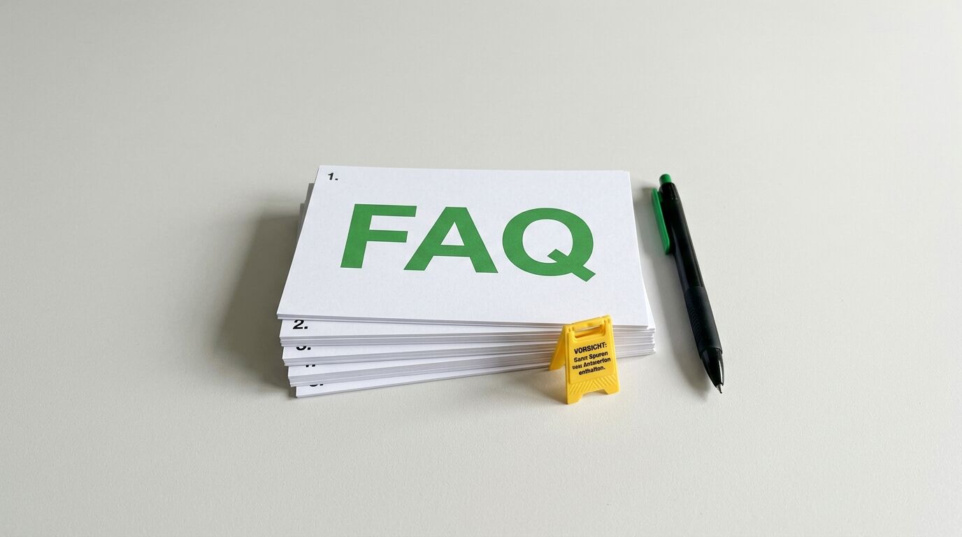 Kartestapel „FAQ“, kleiner gelber Warnaufsteller, schwarzer Kuli auf hellem Grund