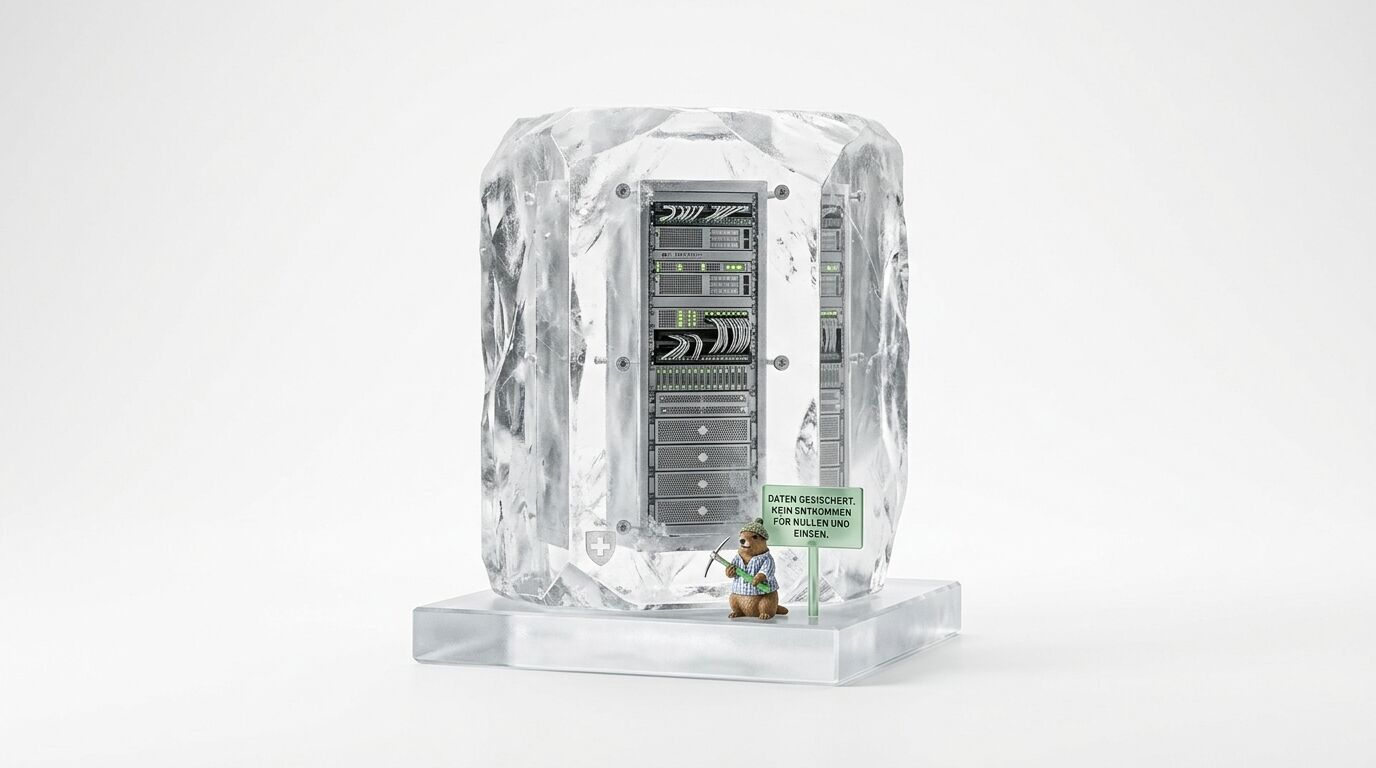 Server-Rack eingefroren in Eisblock mit kleinem Tier und Hinweisschild davor