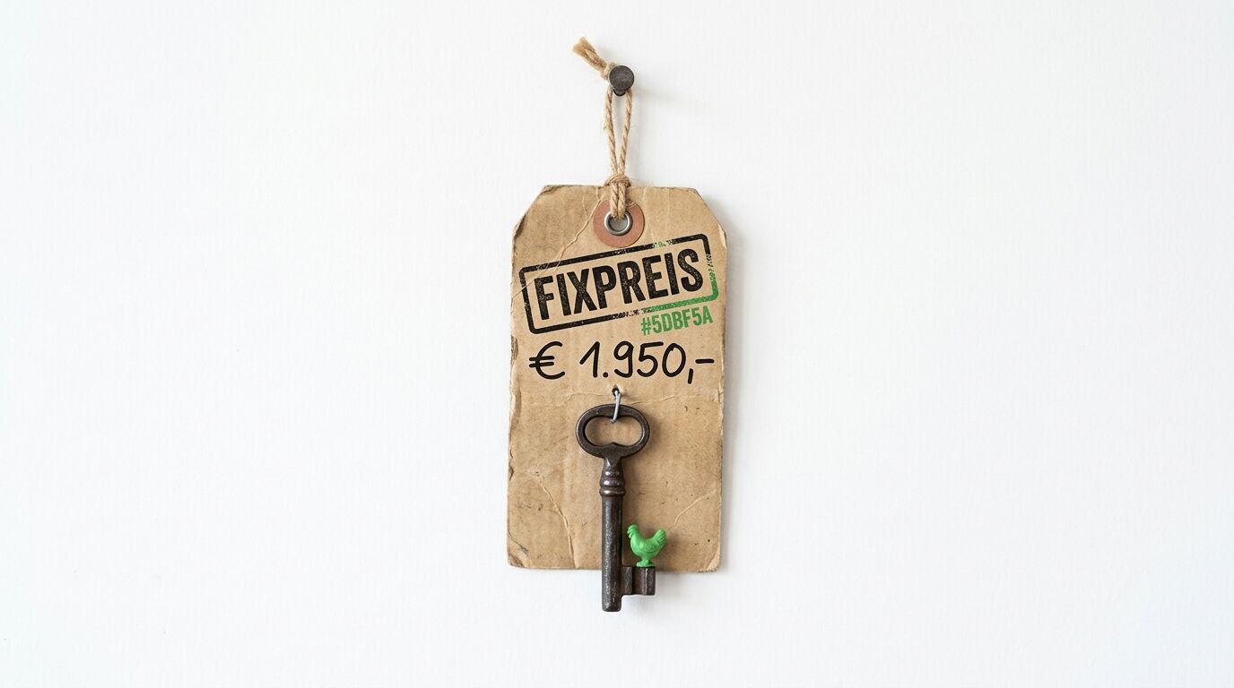 Anhänger mit Preis, Stempel „FIXPREIS“, Schlüssel und kleiner grüner Hühnerfigur vor weiß