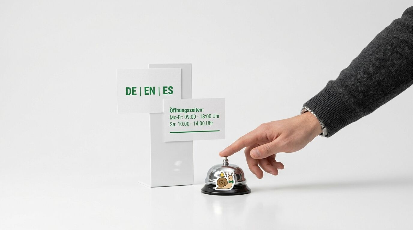 Hand betätigt Rezeptionsklingel neben Ständer mit Sprachkürzeln und Öffnungszeiten