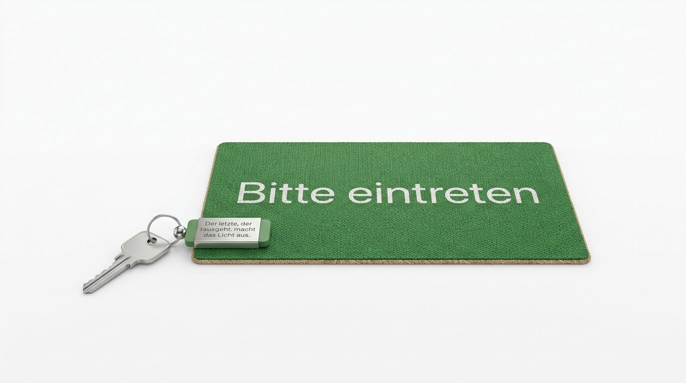 Schlüssel und grüne Fußmatte mit Text „Bitte eintreten“. Anhänger mit weiterem Spruch