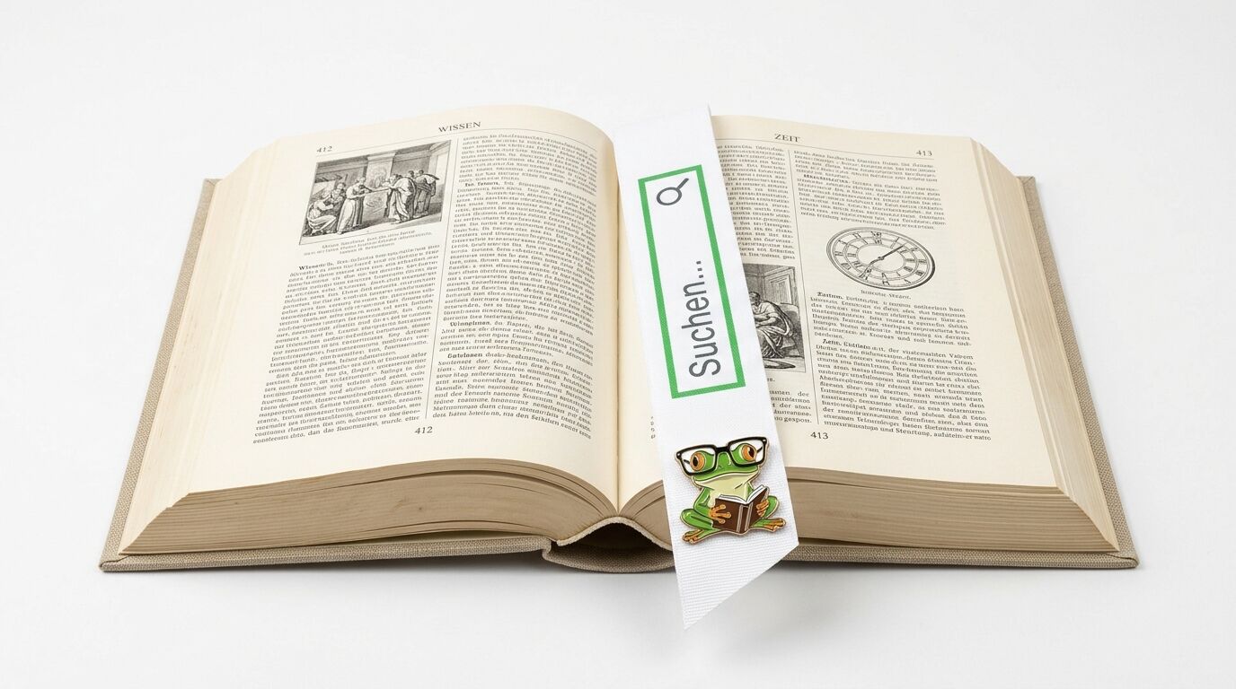 Ein offenes altes Buch mit einem Lesezeichen, das ein Suchfeld und einen Frosch zeigt