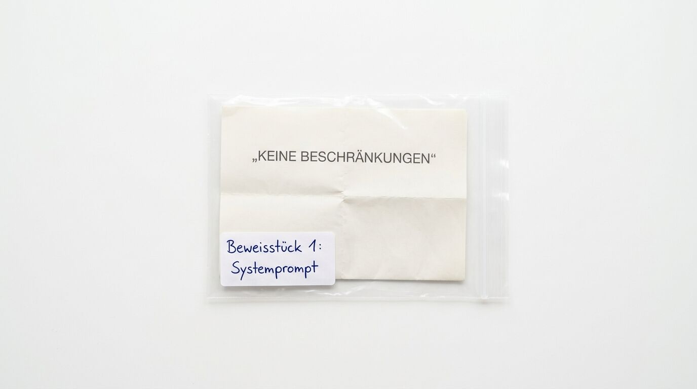 Beweistüte mit Notiz „KEINE BESCHRÄNKUNGEN“ und Etikett „Beweisstück 1: Systemprompt“