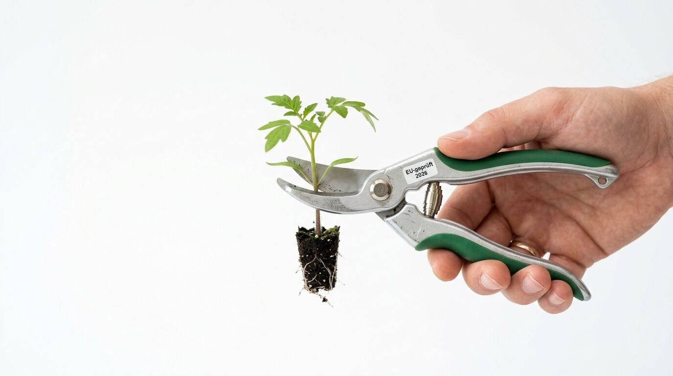 Hand hält Gartenschere, die kleine Tomatenpflanze mit Wurzelballen durchschneidet