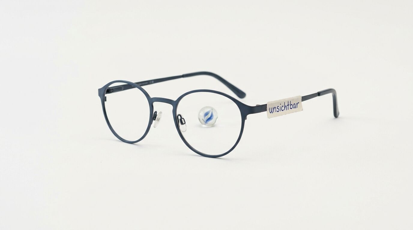Brille mit Murmel und Aufkleber „unsichtbar“ auf weißem Grund
