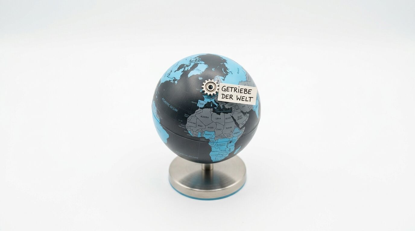 Ein Globus mit Zahnrad und Schild „GETRIEBE DER WELT“ auf weißem Grund
