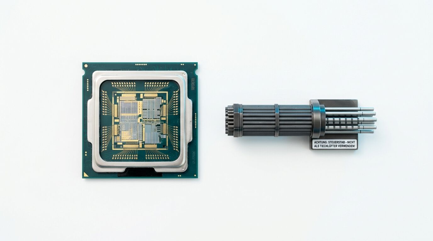 CPU-Prozessor und Modell einer Minigun nebeneinander auf weißem Hintergrund