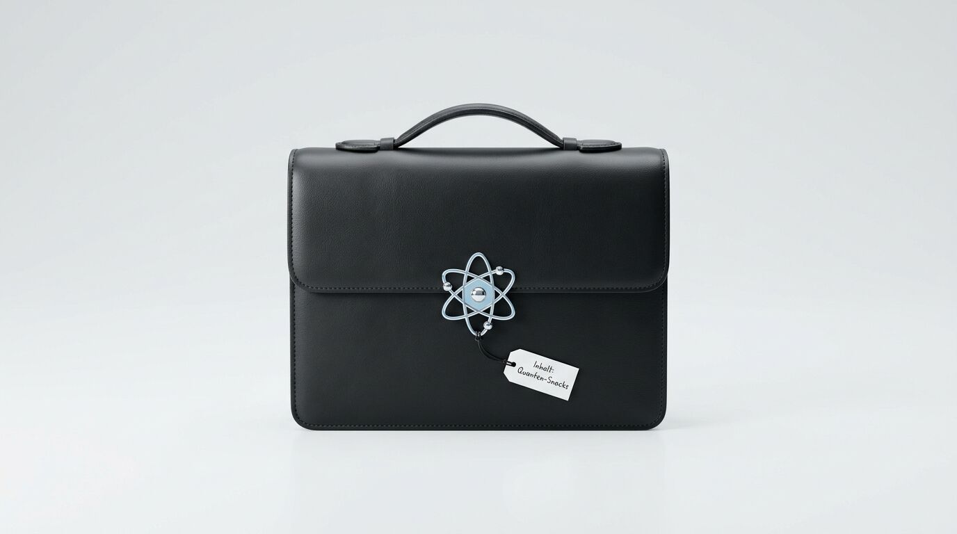 Schwarze Ledertasche mit Atom-Emblem und Anhänger „Inhalt: Quanten-Snacks“