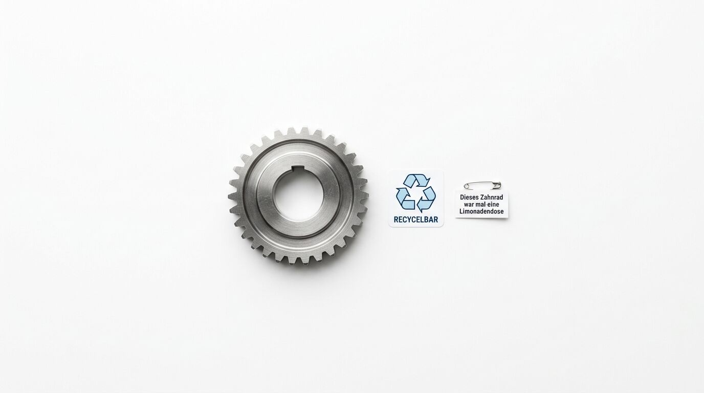 Zahnrad, Recycling-Symbol, Sicherheitsnadel und Text: „Dieses Zahnrad war mal eine Limonadendose“