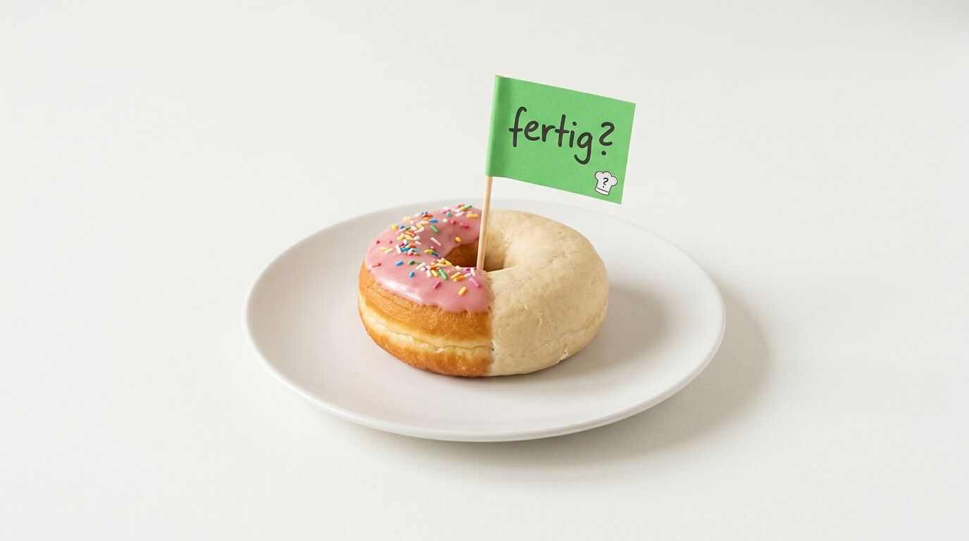 Halbglasierter Donut auf Teller mit grünem Fähnchen und Aufschrift „fertig?“
