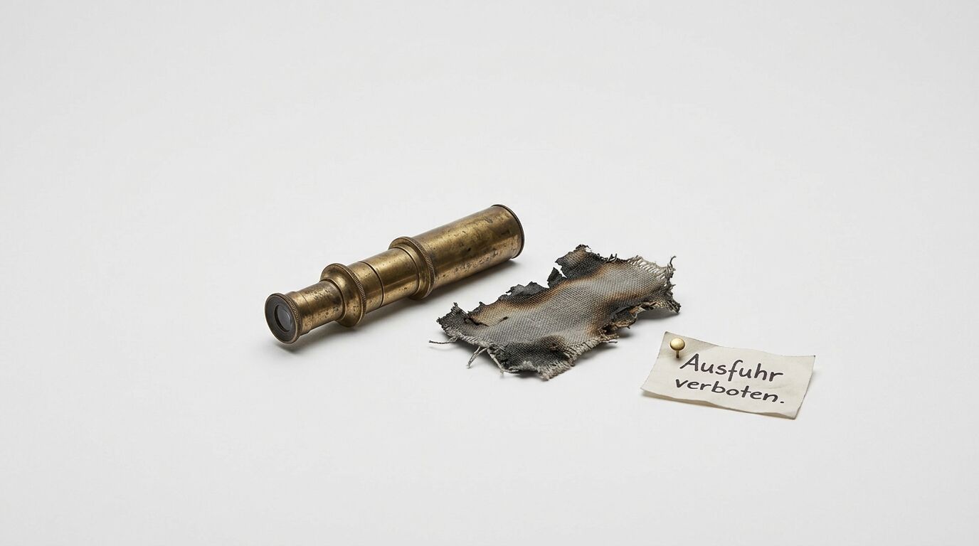 Altes Fernrohr, verbranntes Stoffstück und Zettel mit Aufschrift