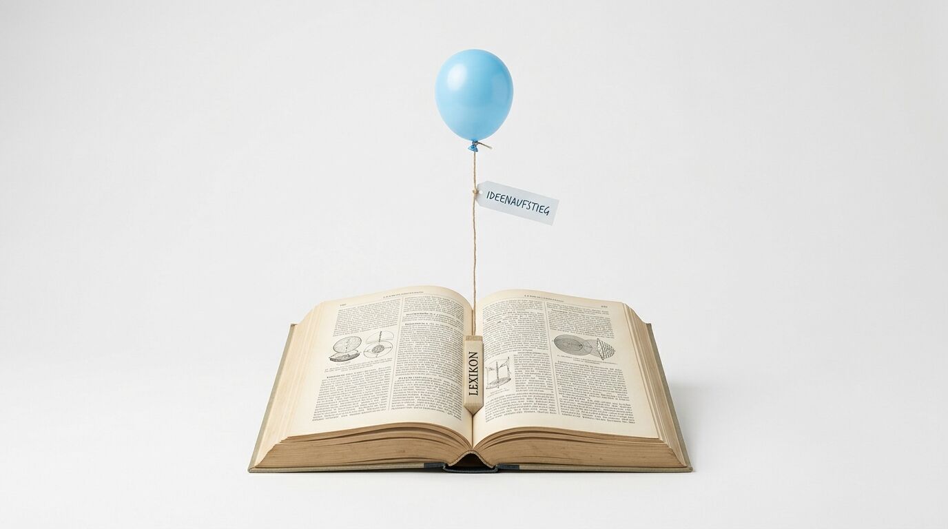 Geöffnetes Lexikon mit Ballon und dem Schild „IDEENAUFSTIEG“