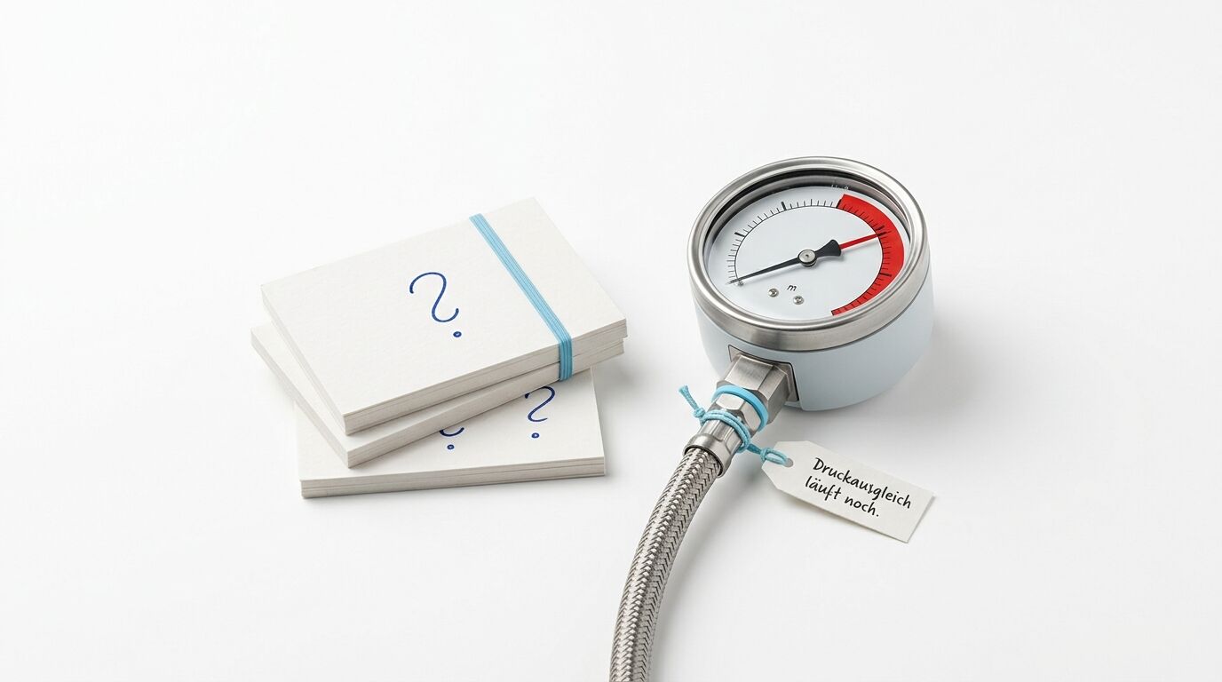 Manometer an Schlauch mit „Druckausgleich läuft noch“-Zettel neben Fragezeichen-Kartenstapel