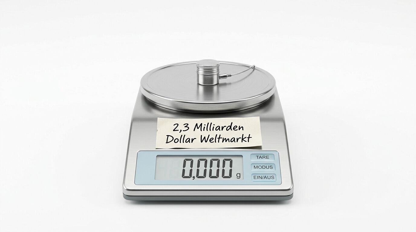 Digitalwaage mit einem Metallgewicht und Notizzettel „2,3 Milliarden Dollar Weltmarkt“