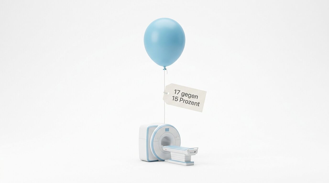 MRT-Scanner-Miniatur mit schwebendem blauen Ballon und Textanhänger vor weißem Hintergrund
