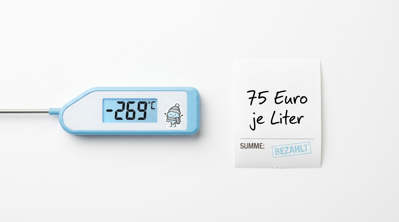 Ein digitales Thermometer zeigt -269°C neben einer Quittung über 75 Euro je Liter