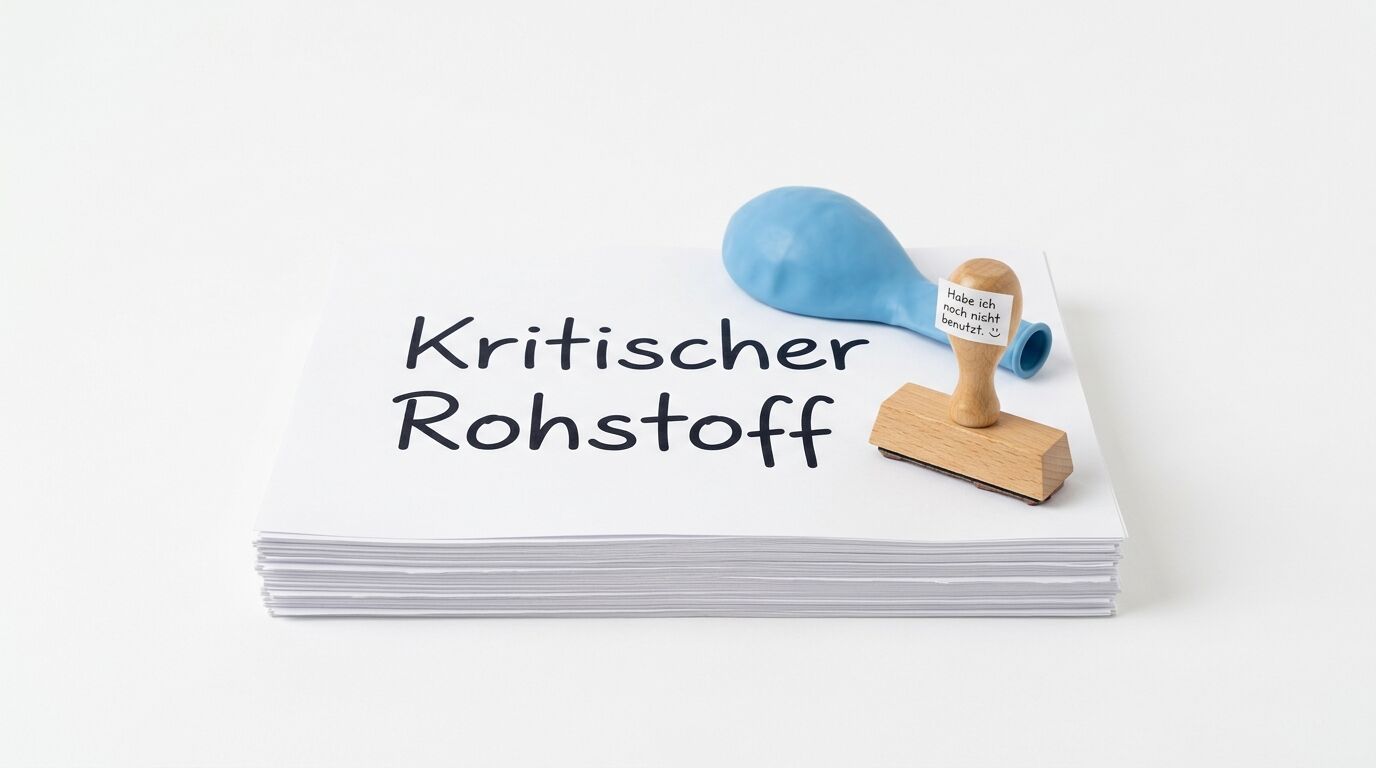 Papierstapel mit Text „Kritischer Rohstoff“, daneben Holzstempel und blauer Luftballon