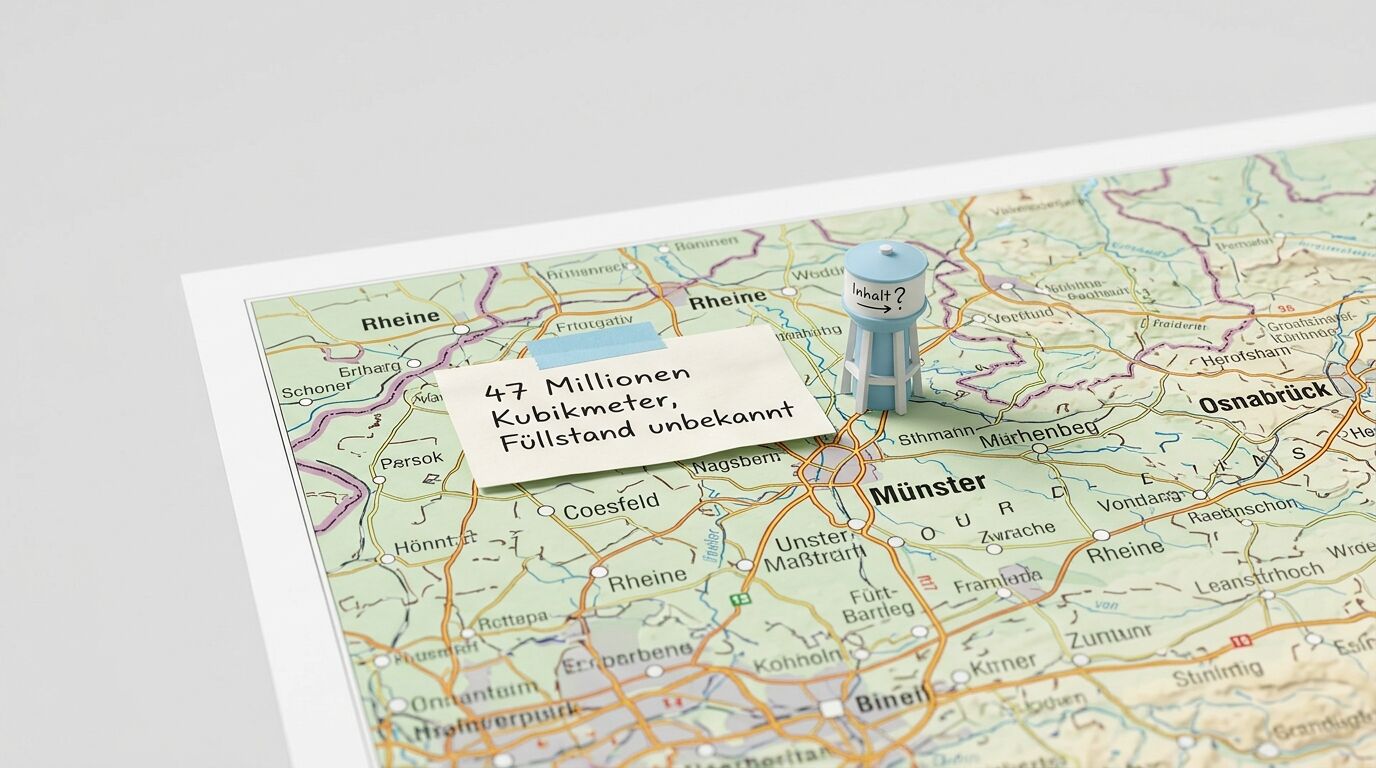 Landkarte mit Miniatur-Wasserturm und Notizzettel zum Füllstand