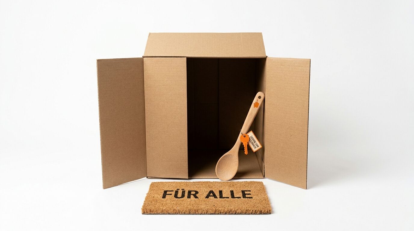 Karton mit Kochlöffel und Schlüssel, davor Fußmatte „FÜR ALLE“, auf Weiß