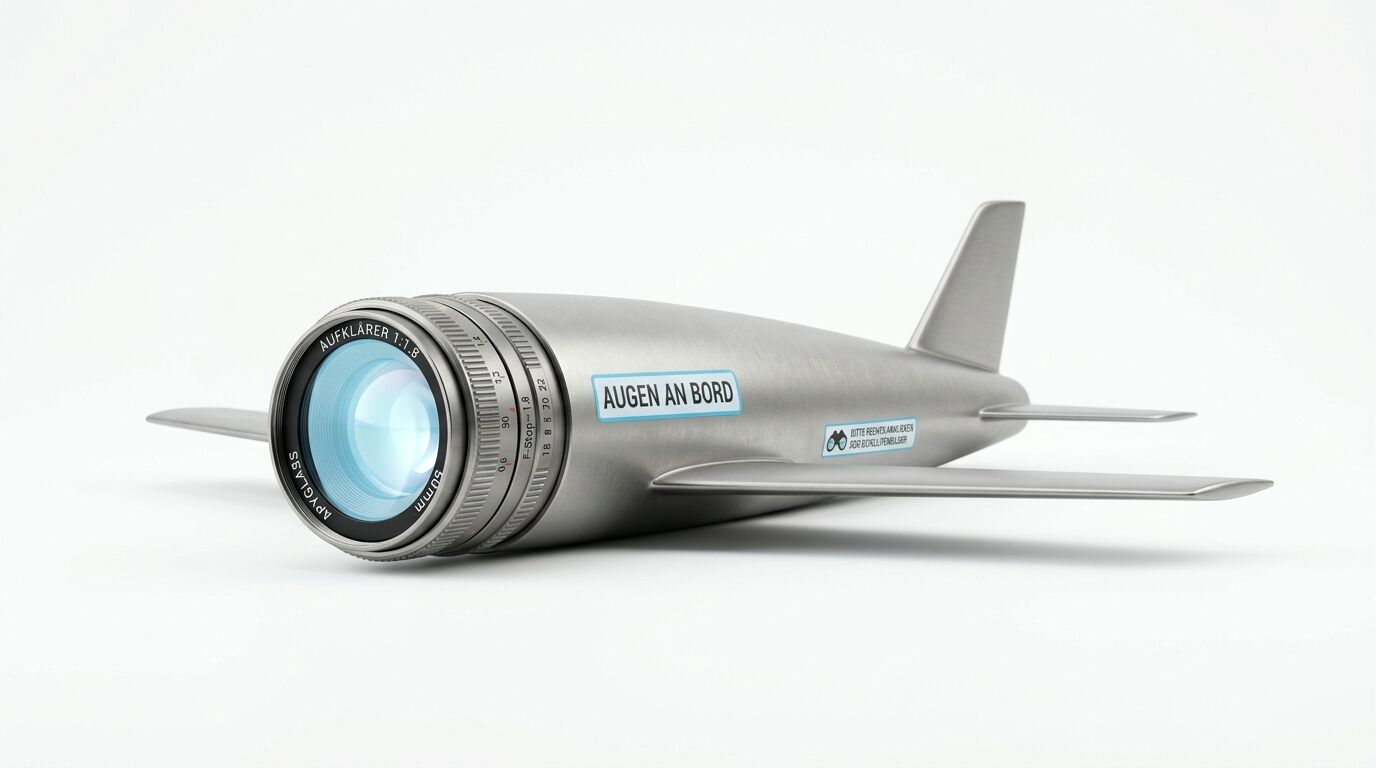 Metallerner Flugzeugrumpf mit Objektivkopf, Schriftzug „AUGEN AN BORD“ und Logo