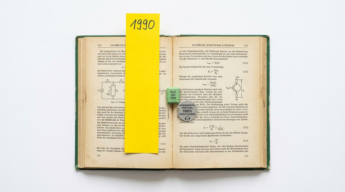 Ein aufgeschlagenes Elektronikbuch mit Zettel, Kondensator und Prüfsiegel
