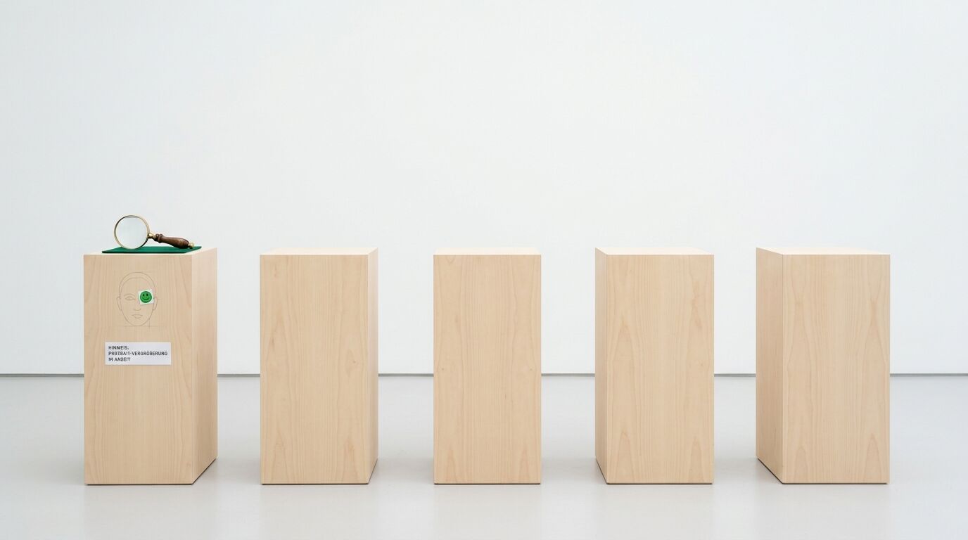 Kunstinstallation mit fünf Holzsockeln, einer Lupenbrille und Hinweisschildern in einem weißen Raum