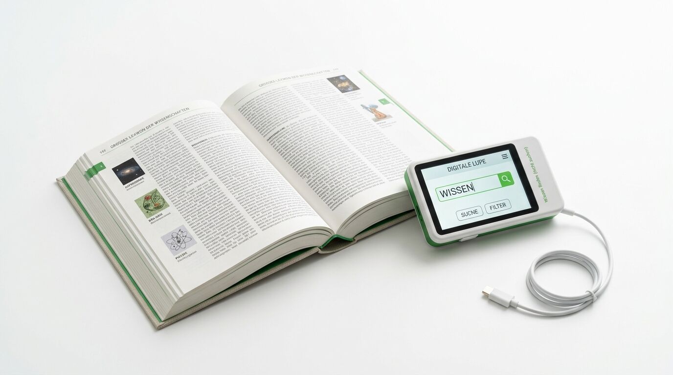 Ein offenes Buch und eine elektronische Leselupe mit Kabel auf weißem Grund