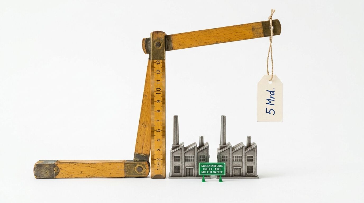 Zollstock-Kran über Miniaturfabrik, Schilder mit Text