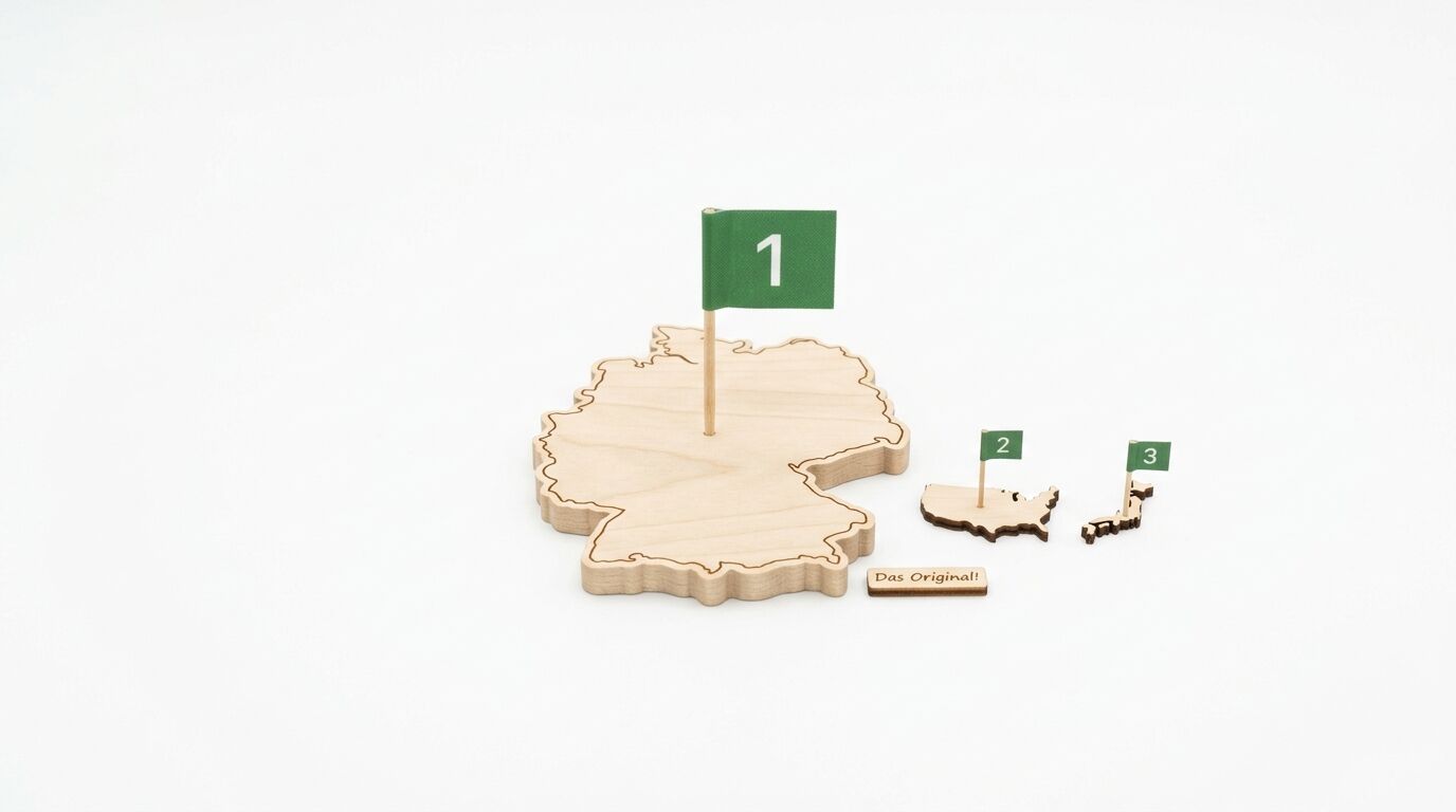 Holzumrisse von DE, USA, Japan mit grünen Flaggen 1, 2, 3 auf weiß. Holzschild