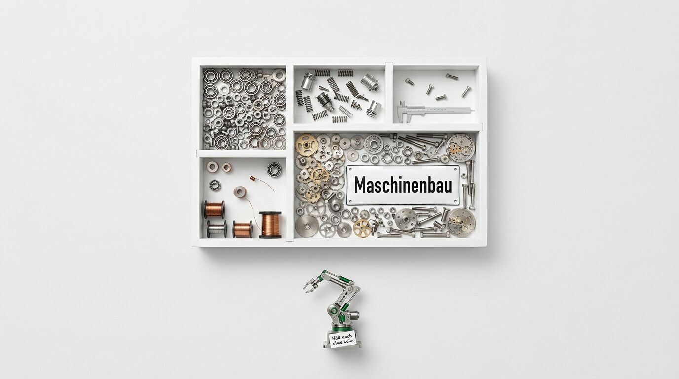 Holzkasten mit Maschinenbau-Kleinteilen und Roboterarm auf weißem Hintergrund