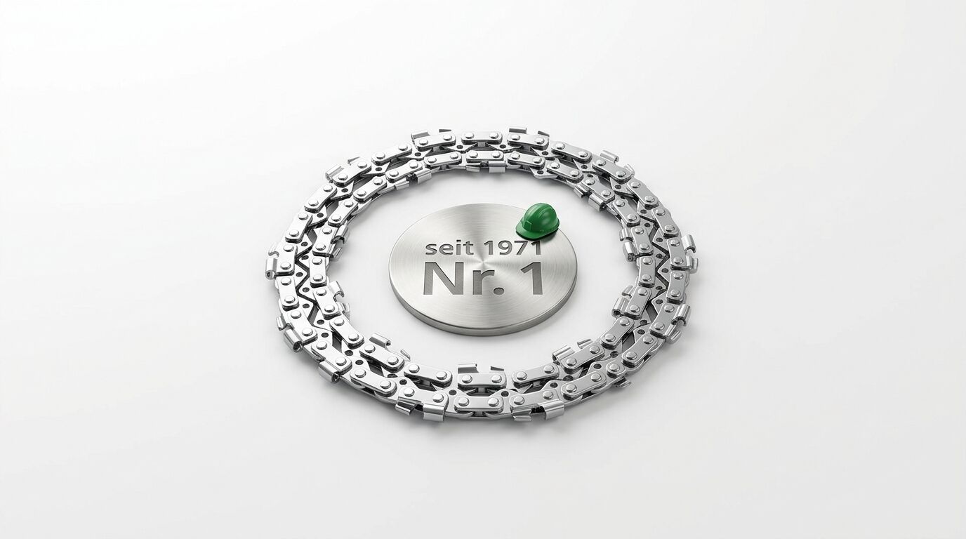 Silberner Ring um eine Plakette mit „seit 1971 Nr. 1“ und grünem Bauhelm vor weißem Hintergrund