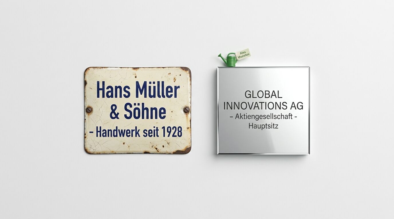 Vergleich: altes, rostiges Handwerksschild und modernes, sauberes Aktiengesellschafts-Schild