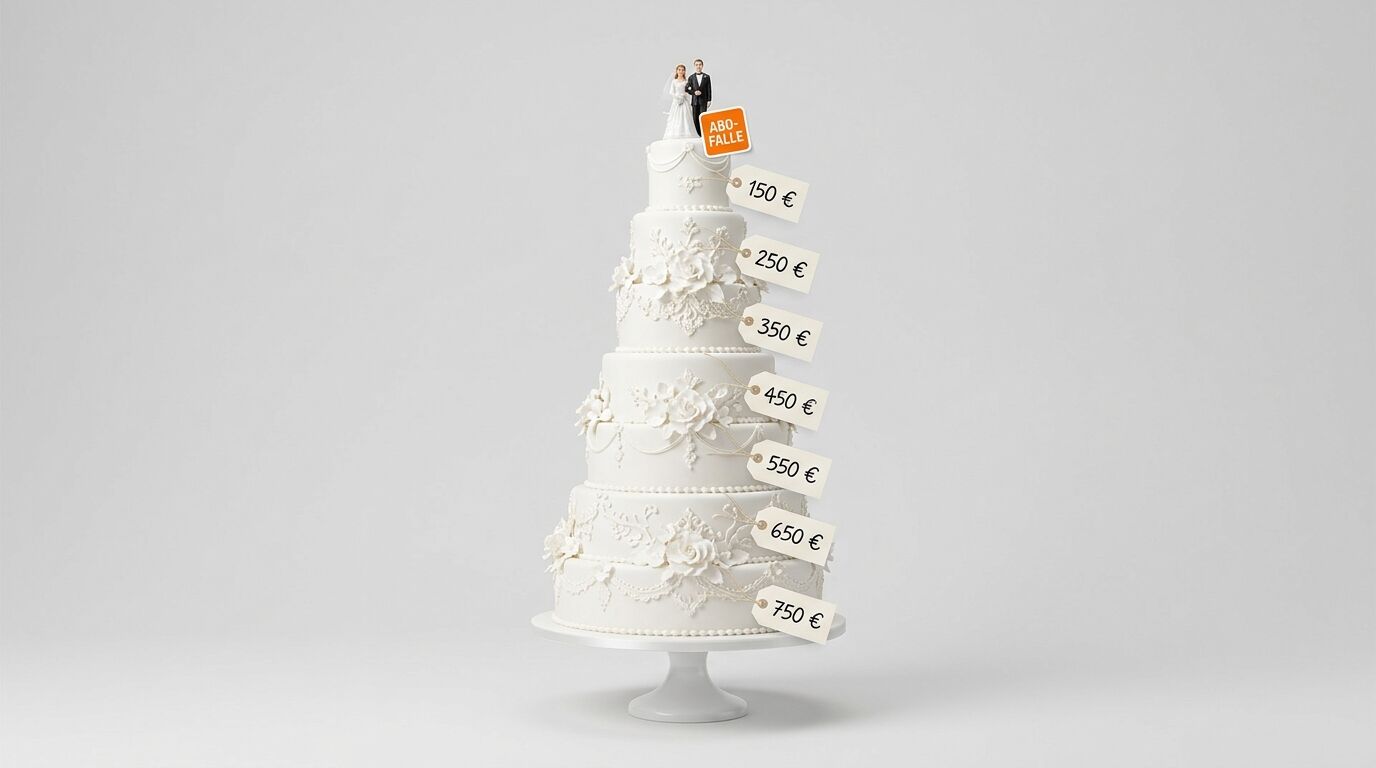 Eine Hochzeitstorte mit Preisschildern an jeder Etage und einem Schild „ABO-FALLE“ oben