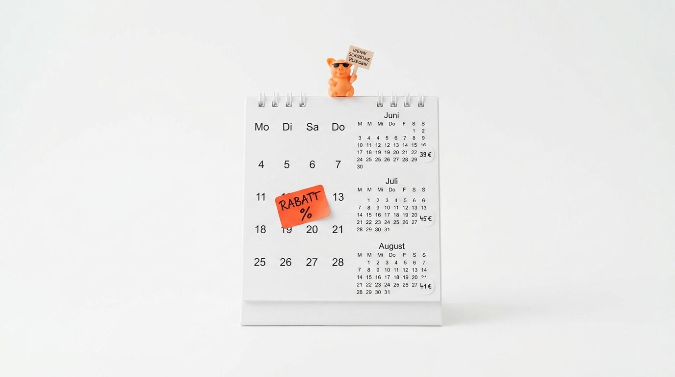 Ein Tischkalender mit einem Schweinchen mit Sonnenbrille und einem Schild sowie einer Rabattmarke