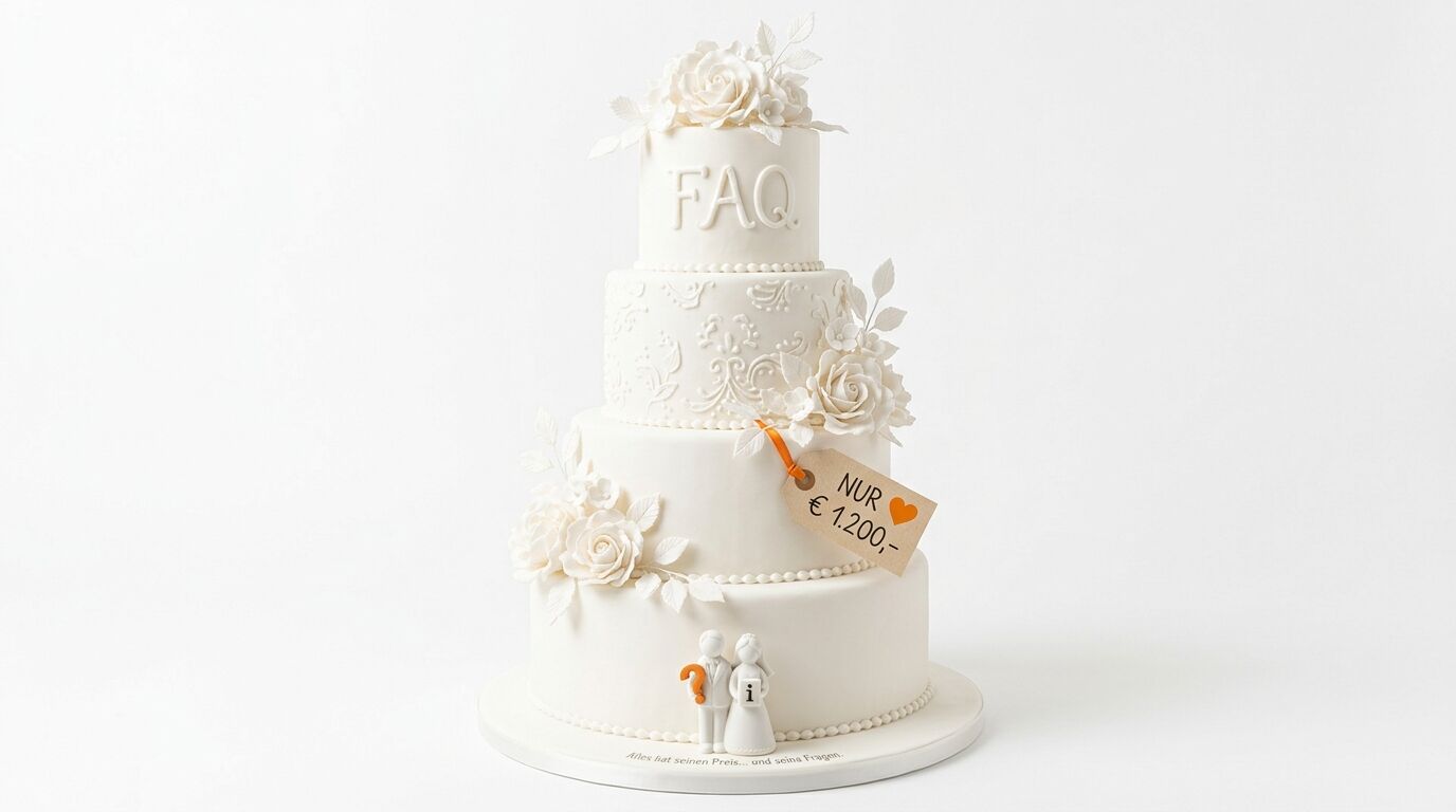 Weiße Hochzeitstorte mit FAQ-Schrift, Preisschild und Brautpaar