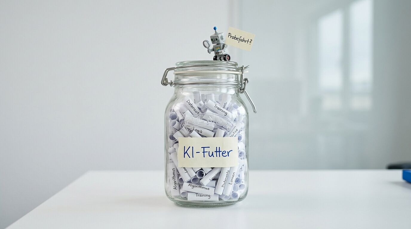 Ein Glas mit „KI-Futter“-Etikett, kleinen Papierrollen und einem Spielzeugroboter obenauf