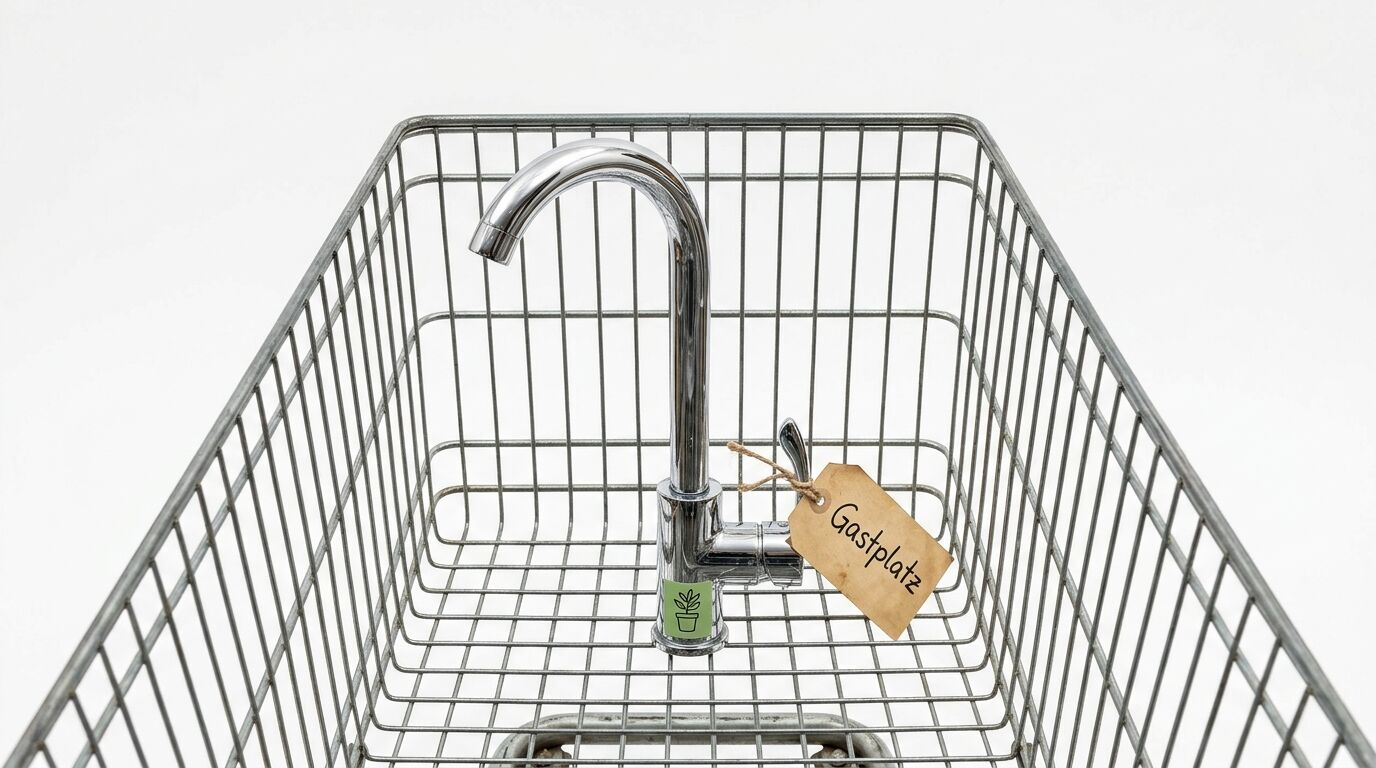 Wasserhahn in Einkaufswagen mit Schild
