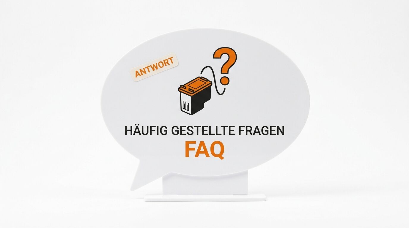 Sprechblasenschild mit Druckpatrone, Fragezeichen,