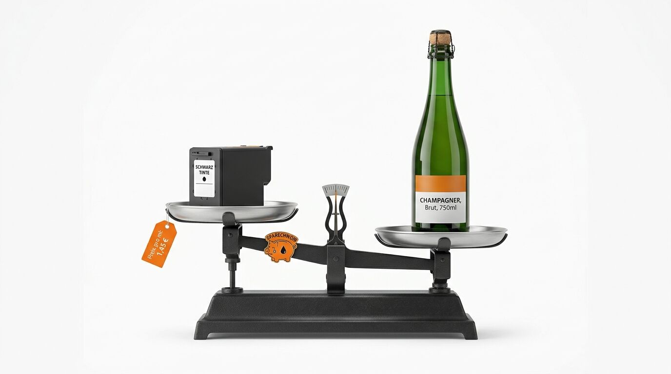 Druckerpatrone und Champagnerflasche auf einer Balkenwaage, die im Gleichgewicht steht