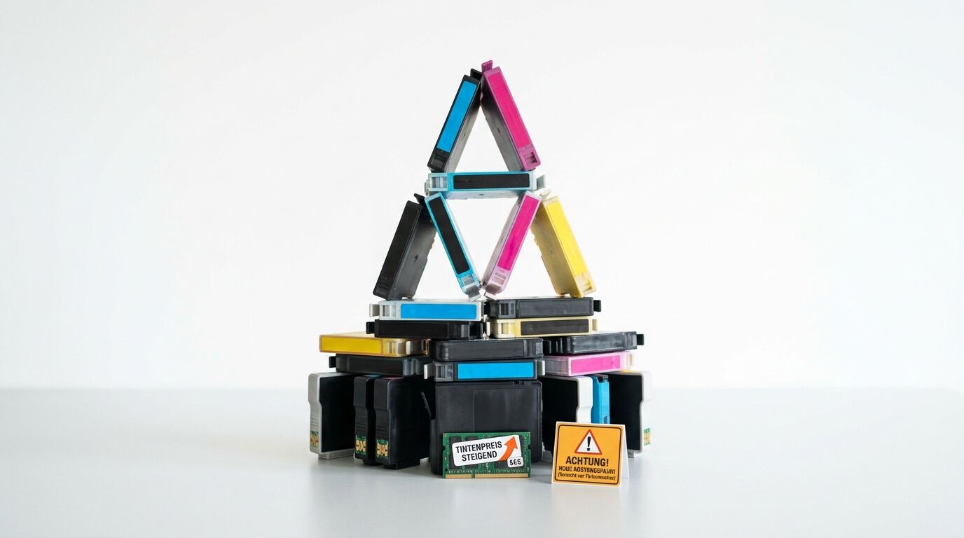 Eine Pyramide aus Druckerpatronen mit Hinweisschildern auf Deutsch vor hellem Hintergrund