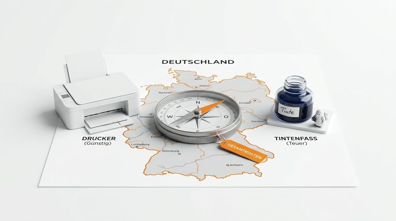 Auf einer Deutschlandkarte liegen ein Drucker, ein Kompass und ein Tintenfass mit Preishinweisen