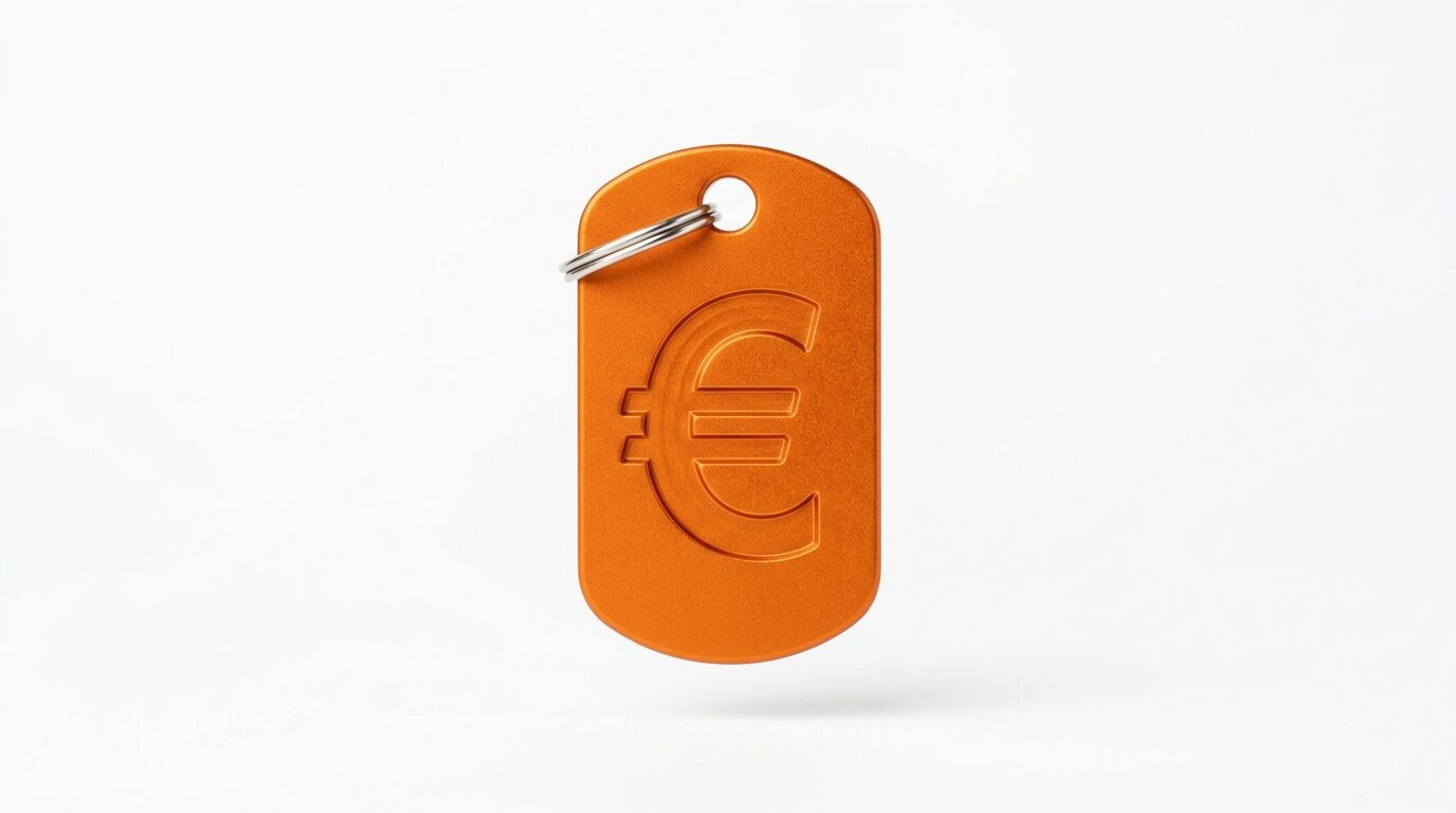 Oranges Metallschild mit eingeprägtem Eurosymbol und Schlüsselring vor weißem Hintergrund