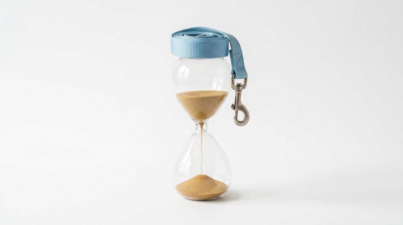 Eine Sanduhr mit einer blauen Hundeleine und einem Metallkarabiner vor weißem Hintergrund